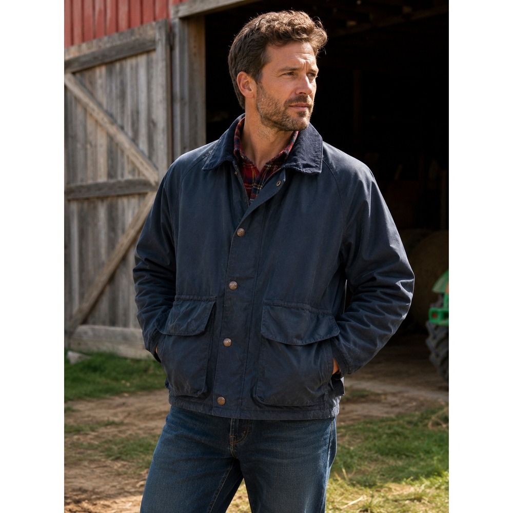 Orvis Mens Waxed Cotton Field Jacket Navy Blue Plaid Lined Barn‎ Coat Size M
